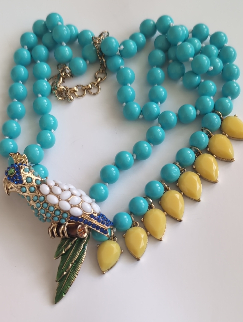Turquoise Bead Parrot Statement Necklace with Yellow Teardrops